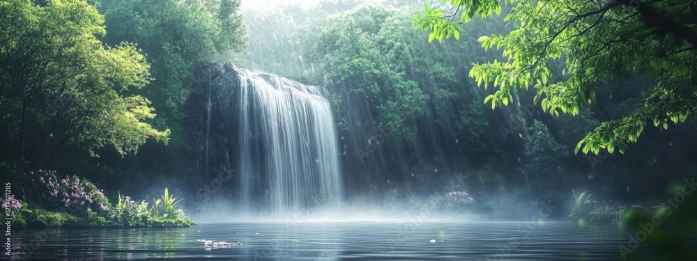 Poster serene waterfall cascading into a misty pool surrounded by lush greenery and trees with ample copy s