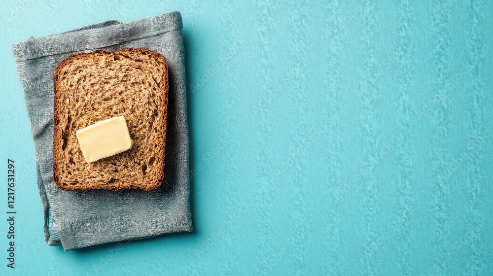 Poster slice of whole grain bread with butter on a blue background with copy space for text