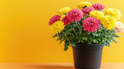 Fototapeta premium Colorful chrysanthemums in black pot against bright yellow background with copy space for text.