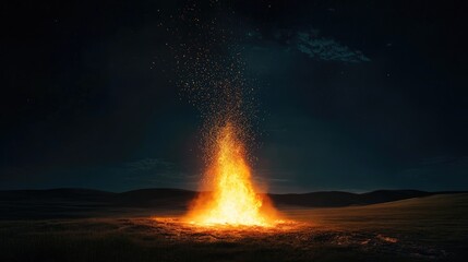 Fototapeta premium Bright orange bonfire illuminated against a dark night sky with scattered sparks and smoke in a field landscape. Copy Space.