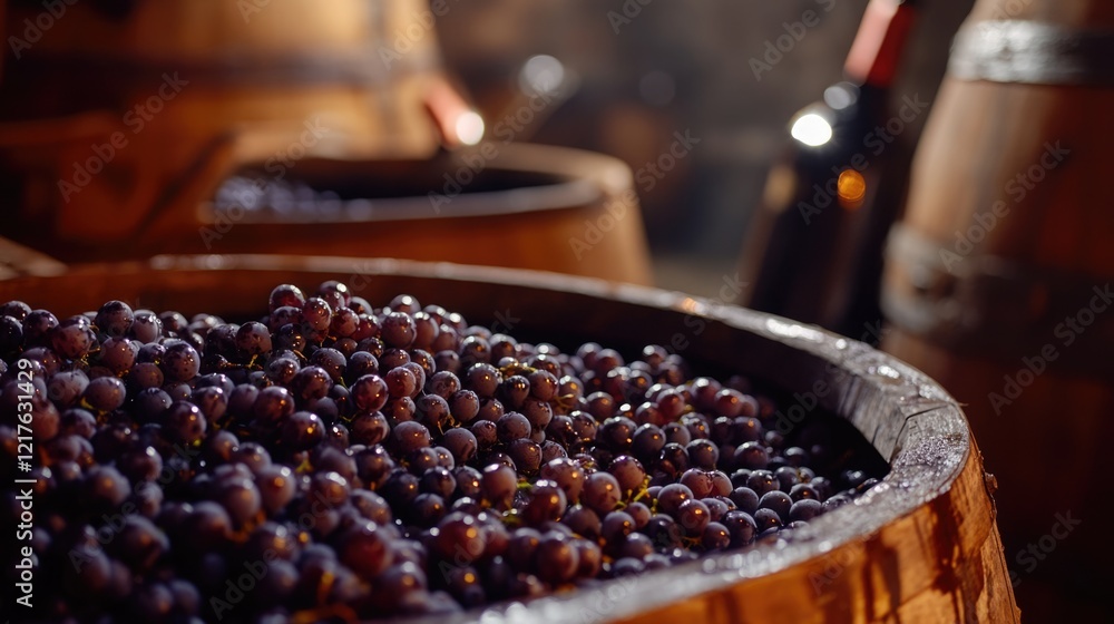 Poster grapes in wooden barrel surrounded by wine barrels and bottles in winery setting with soft lighting 
