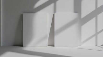 Two blank vertical frames leaning against a wall with shadows and natural lighting, showcasing Copy Space for design elements.
