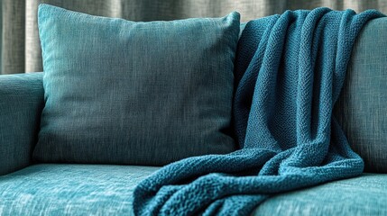 Teal sofa with textured throw blanket and cushion against a softly blurred background Copy Space