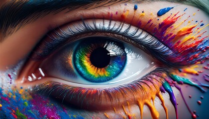 Surreal Close-Up of a Vibrant Eye with Colorful Paint Splashes