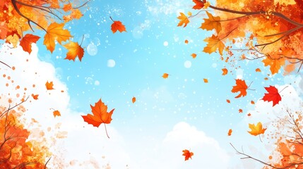 Autumn leaves falling against a bright blue sky with fluffy clouds and white bokeh Copy Space