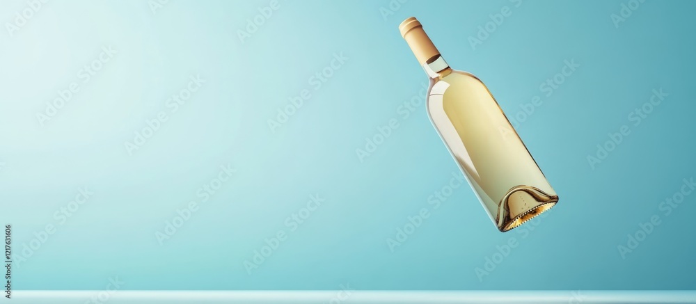 Poster floating wine bottle with cork against a turquoise background with copy space for text
