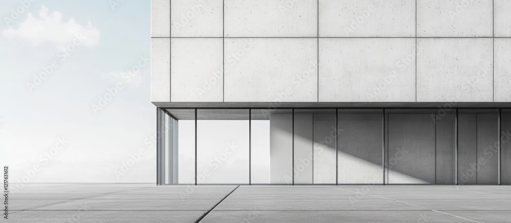 Poster modern minimalist architecture with geometric lines and large glass windows featuring copy space for