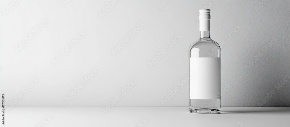 Poster clear wine bottle with blank label on minimalistic white background with copy space for branding or 
