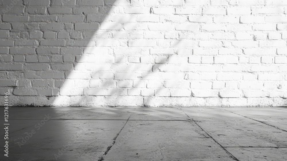 Poster white brick wall with shadows and textured floor empty space for text copy space