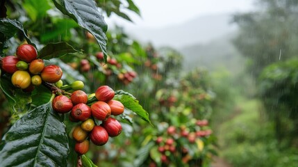 Coffee beans ripening on the branch in a lush coffee plantation during rain with blurred background and Copy Space available