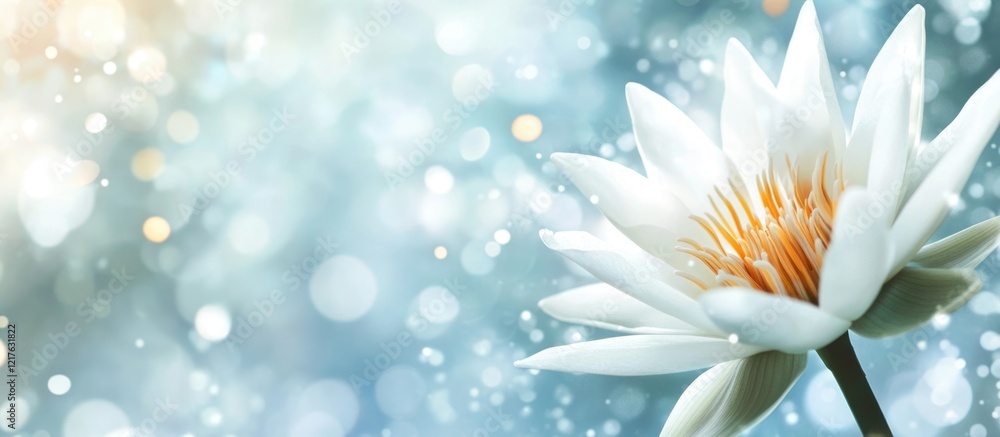 Aufkleber white water lily flower on soft blue background with bokeh lights and copy space for text or design 