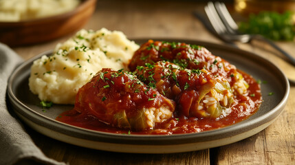 gołąbki (stuffed cabbage rolls) served on a plate, covered in a rich tomato sauce, garnished with fresh parsley, and accompanied by a side of mashed potatoes on a rustic wooden table