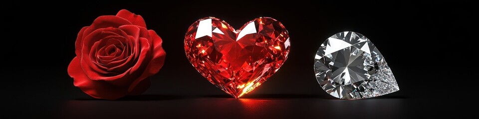Fototapeta premium A high-resolution 3D Valentine's Day element set with 1 glowing heart, 1 red rose, and 1 sparkling diamond, isolated as PNG cutout on a transparent background with precise, clean edges.