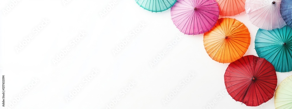 Poster colorful paper umbrellas arranged on a white background with ample copy space for text insertion.