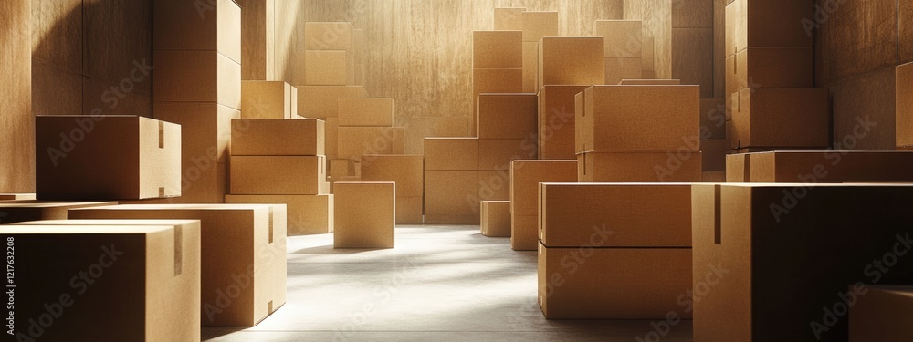 Aufkleber storage room filled with stacked cardboard boxes in warm lighting with copy space for text placement