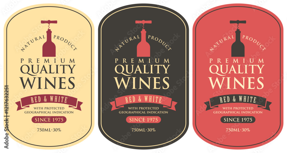 Poster set of vector wine labels with a bottle, corkscrew and calligraphic inscription on different backgro