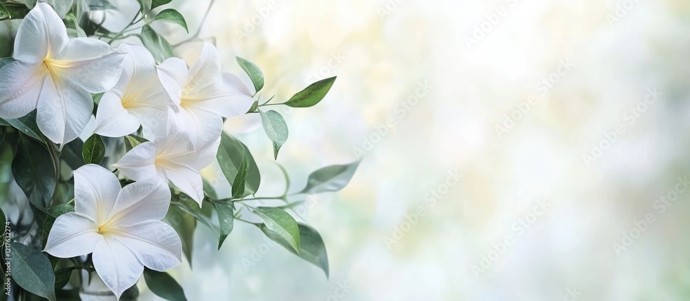 Aufkleber close-up of white flowers with green leaves on a soft blurred background with copy space for text in
