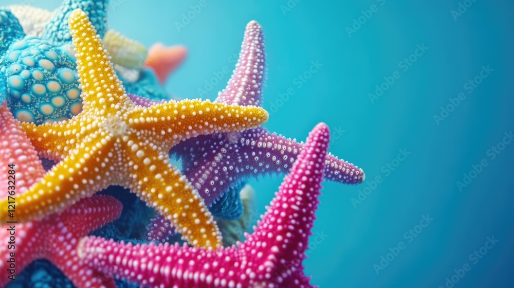 Poster colorful starfish on blue background with soft focus and copy space for text placement