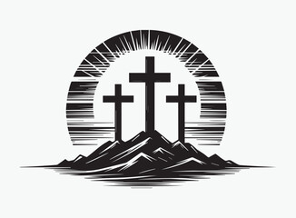 Beautiful Three Crosses at Sunrise Silhouette Vector - Ideal for Religious Artwork and Worship Graphics