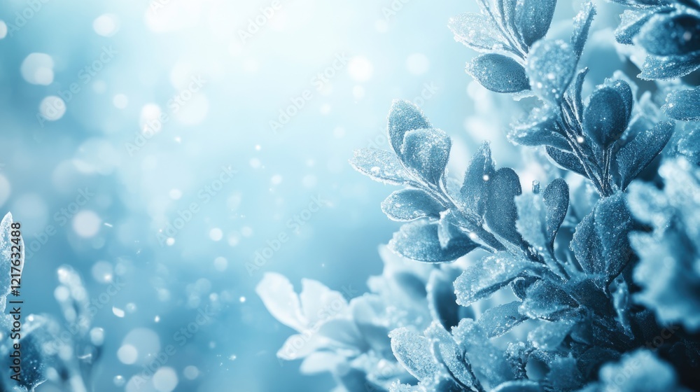 Poster frosted leaves with water droplets in a blue toned background with bokeh effects and copy space for 