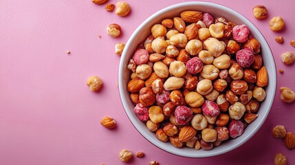 Assorted nuts and snacks in a white bowl on a pink background with copy space for text