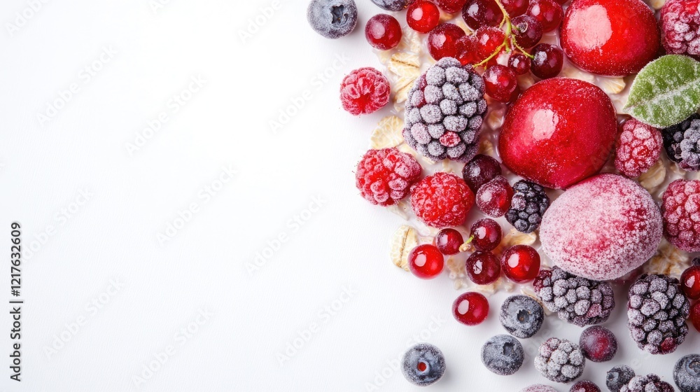 Poster frozen berries and red apples with trails of ice on white background with copy space
