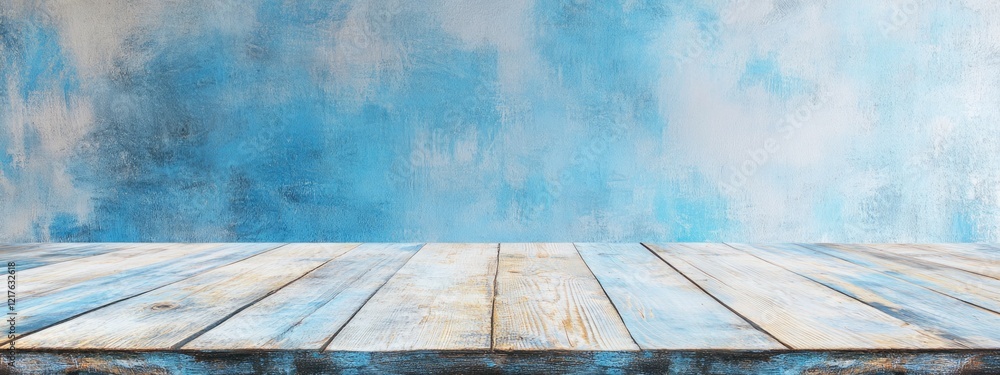 Poster wooden table with blue abstract sky background and ample copy space for text placement.