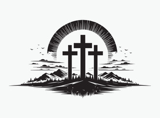 High-Quality Three Crosses at Sunrise Silhouette Vector - Great for Easter and Christian-Themed Projects