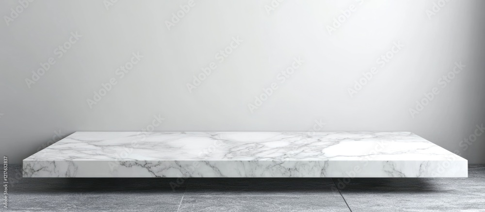 Poster marble display table with neutral walls and floor showcasing contemporary minimalist design and ampl