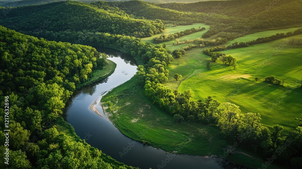 Poster aerial view of a winding river surrounded by lush green forests and fields during golden hour with c