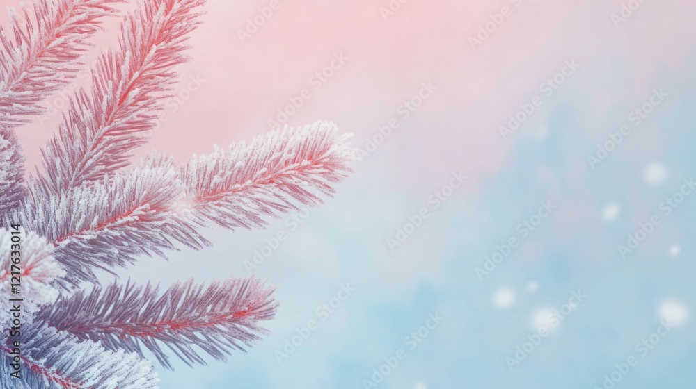 Poster snowy pine branch on pastel pink and blue background with soft bokeh effect and copy space for text 