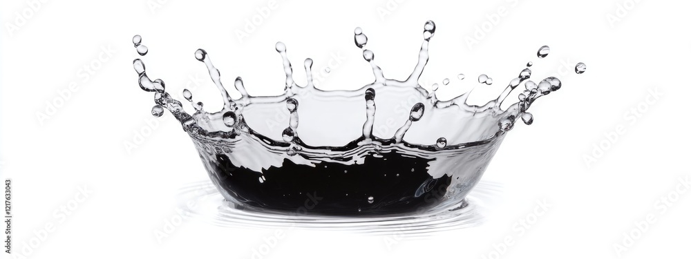 Poster water splash with droplets creating dynamic splashes on a white background copy space