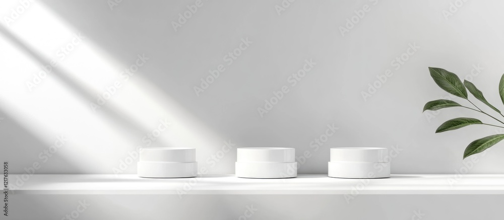 Poster modern minimalistic display of three white cosmetic jars with a green leaf on a plain background, fe
