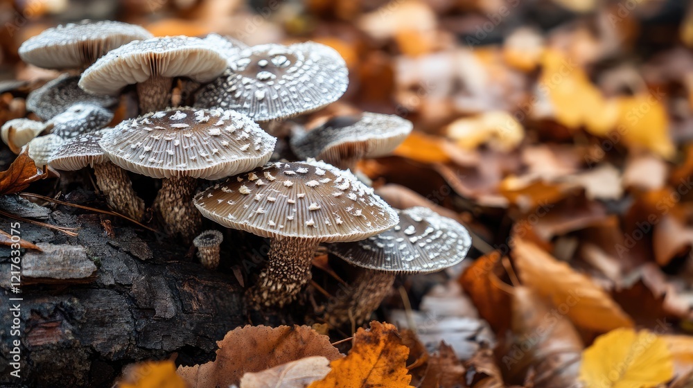 Poster mushrooms growing on a log surrounded by autumn leaves on forest floor with natural lighting and dep