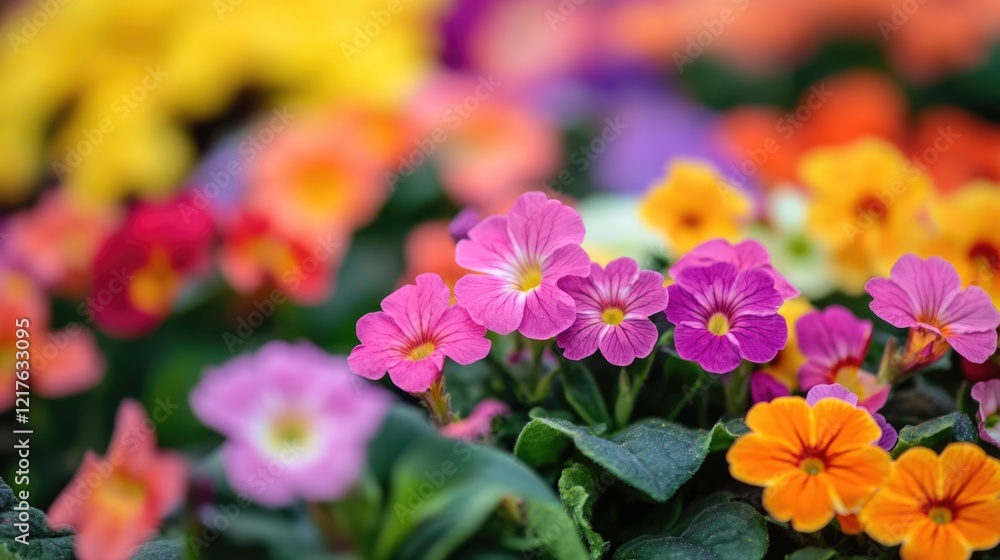 Poster vibrant display of colorful primrose flowers in a garden setting with blurred background and copy sp