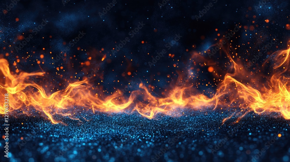 Poster dynamic flames and sparks over a dark blue background with copy space for text placement