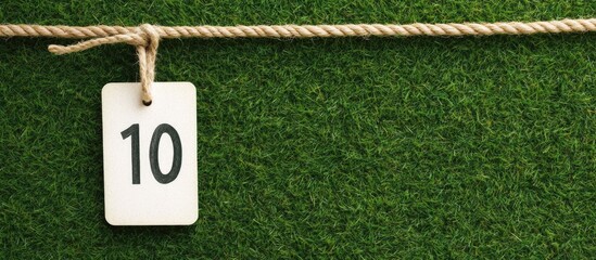 Numbered tag hanging on rope against green grass background with copy space.