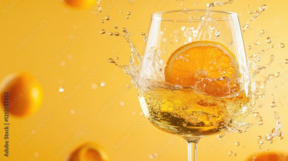 Aufkleber glass of refreshing citrus drink with orange slice splash against vibrant yellow background with flo