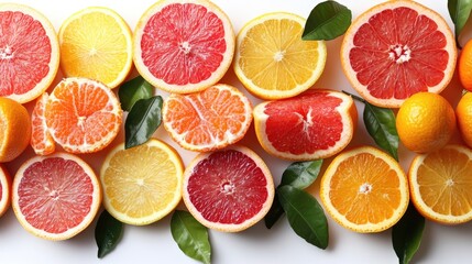 Fototapeta premium Colorful assortment of citrus fruits including grapefruit, orange, and lemon slices with fresh green leaves on a white background Copy Space