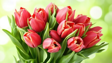 Fototapeta premium Pink tulips bouquet with lush green leaves on blurred light background with Copy Space for text
