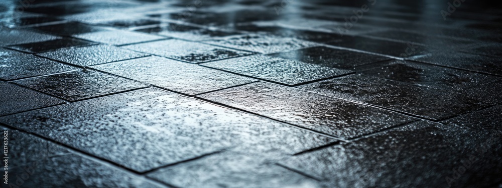 Aufkleber wet paving stones surface with reflections and texture in a low angle view copy space