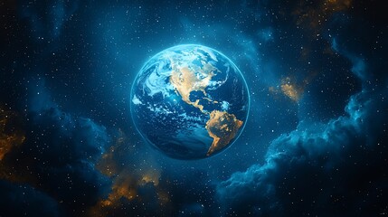 Fototapeta premium Earth from space, glowing in cosmic nebula.