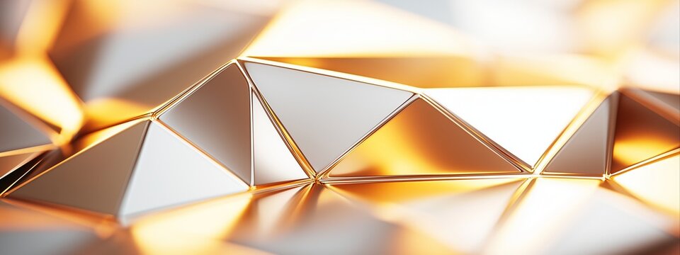 Golden metallic triangular pattern surface with light reflections. Abstract background for beauty and and technology concept. With copy space. 