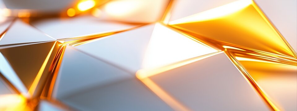 Golden metallic triangular pattern surface with light reflections. Abstract background for beauty and and technology concept. With copy space. 