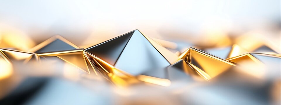 Golden metallic triangular pattern surface with light reflections. Abstract background for beauty and and technology concept. With copy space. 