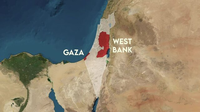 Zoom from Earth to Palestine, Gaza, West Bank. World map animation with country borders, Images from NASA