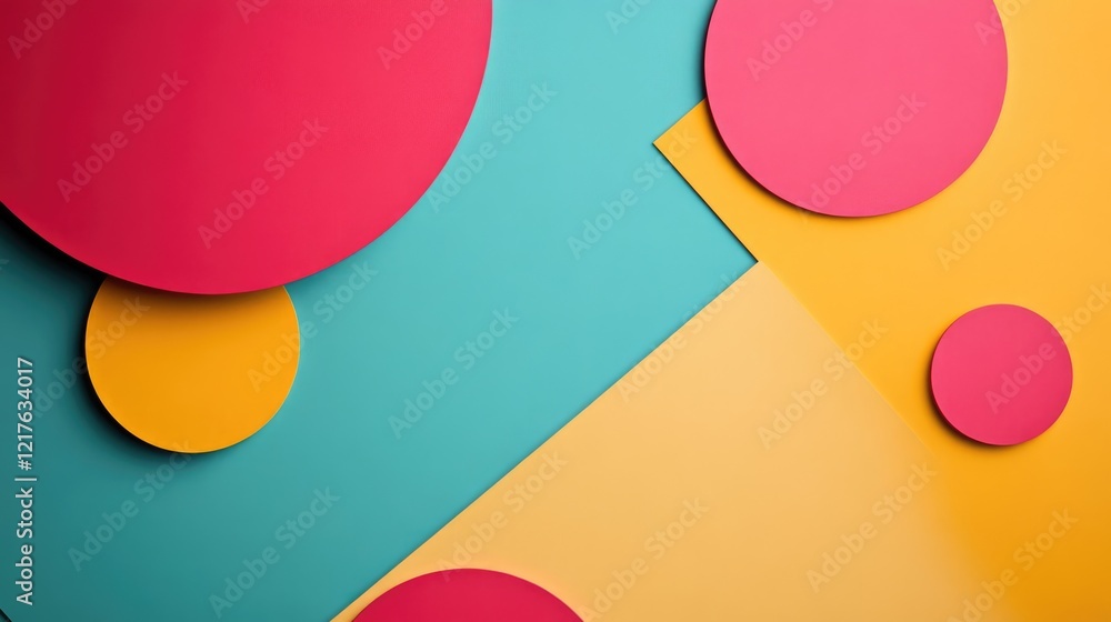 Poster colorful geometric shapes on a vibrant background with circular and angular design elements and copy