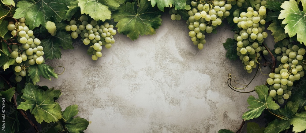 Poster green grapevine with leaves and clusters of unripe grapes arranged around a textured beige backgroun