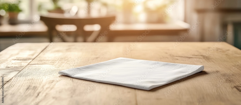 Poster empty white napkin on wooden table with warm light from window and soft-focus background elements co