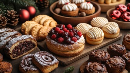 Assorted holiday pastries and desserts including cakes, cookies, and chocolates on wooden table with festive decorations and copy space